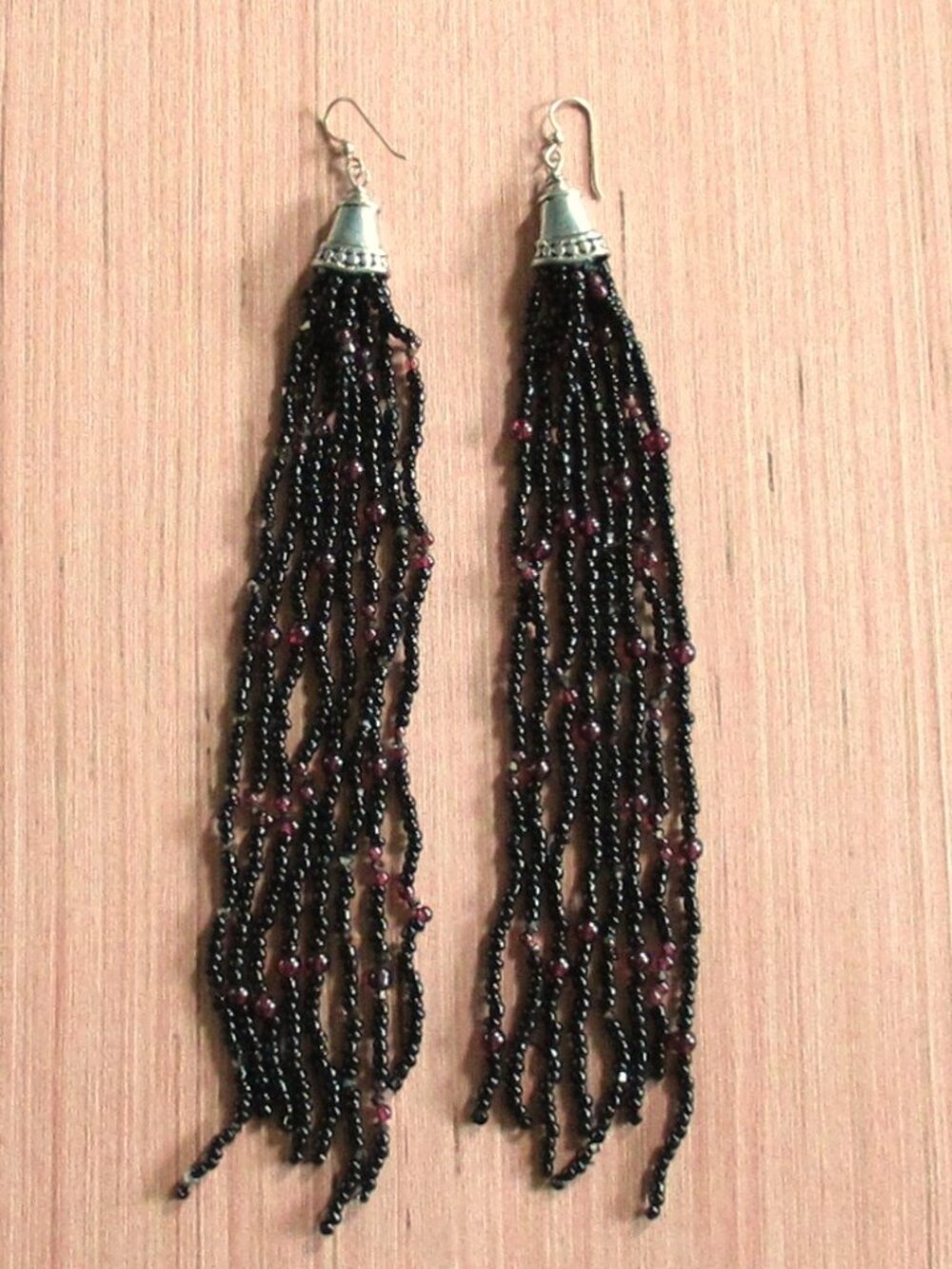 Handmade Black Glass & Garnet Beaded Fringe Earrings